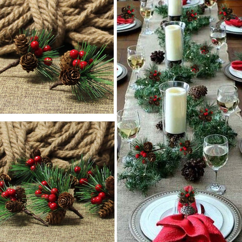 Acronde 20PCS Artificial Pine Picks Christmas Simulation Pine Needle Small Berries Pinecones for Flower Arrangements Wreaths Wedding Garden Xmas Tree Decorations (Red) - Image 2